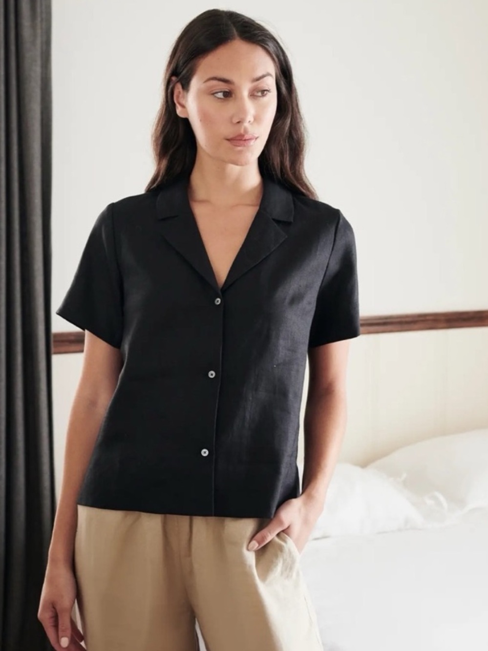 Quince Linen Short-Sleeve Button-Up Top XL